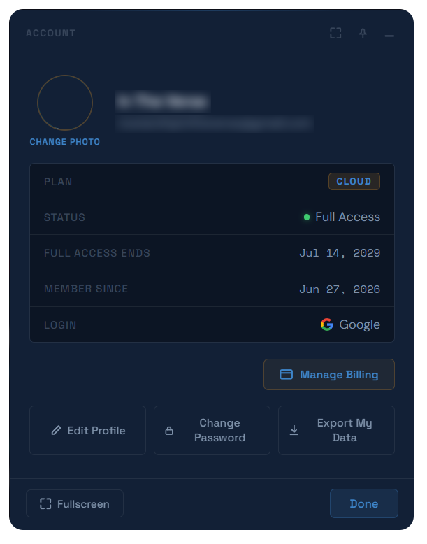 The Account dialog, showing plan status and billing details.