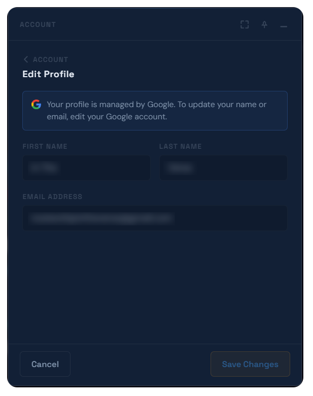 The Edit Profile screen, showing First Name and Last Name fields.